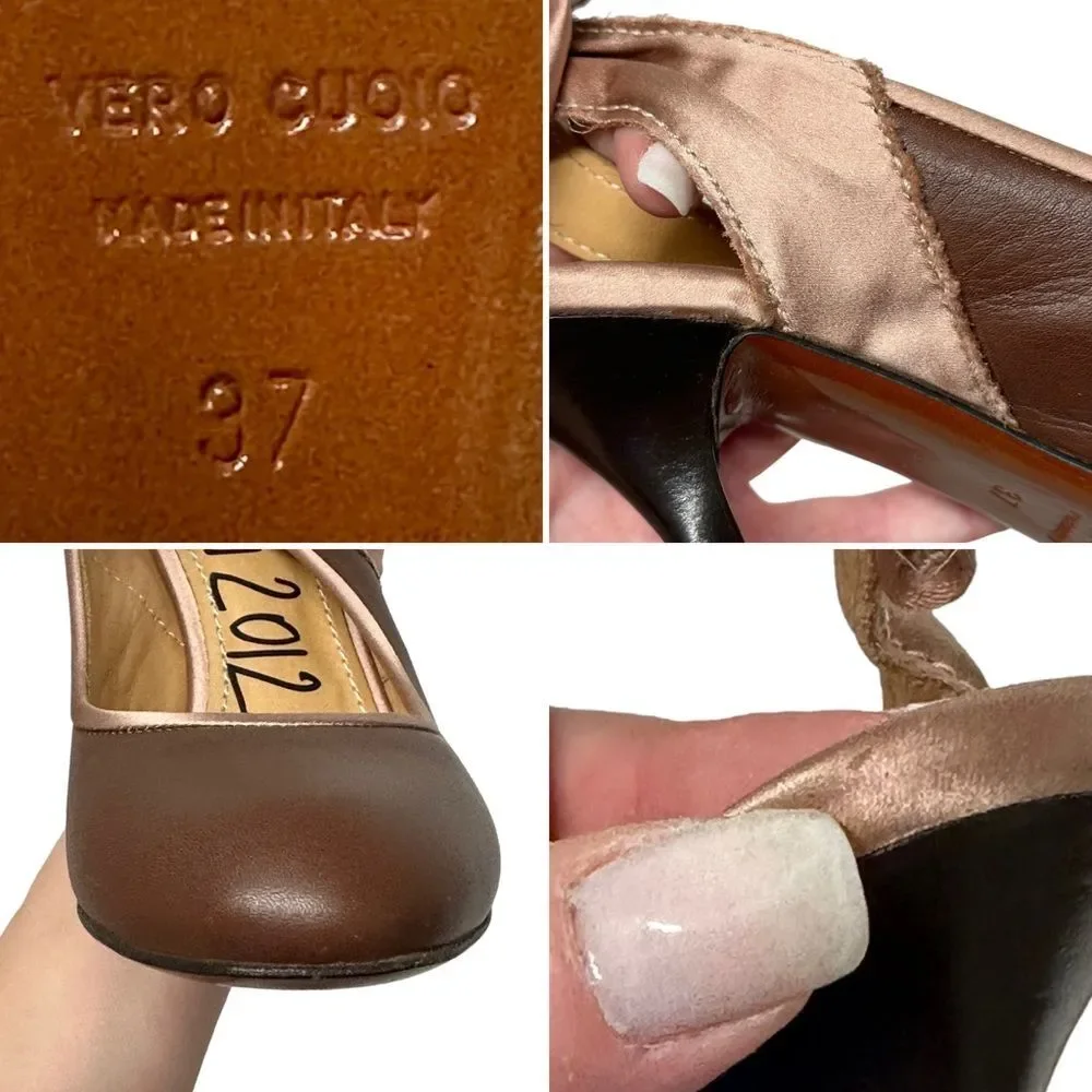 LANVIN Brown Leather & Pink Silk Slingback Bow Pumps Heels 37 6.5 7 Italy